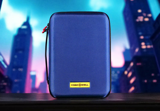 Hero Blue Comic Shell graded comic travel case with a yellow front logo, red and black zipper logos 